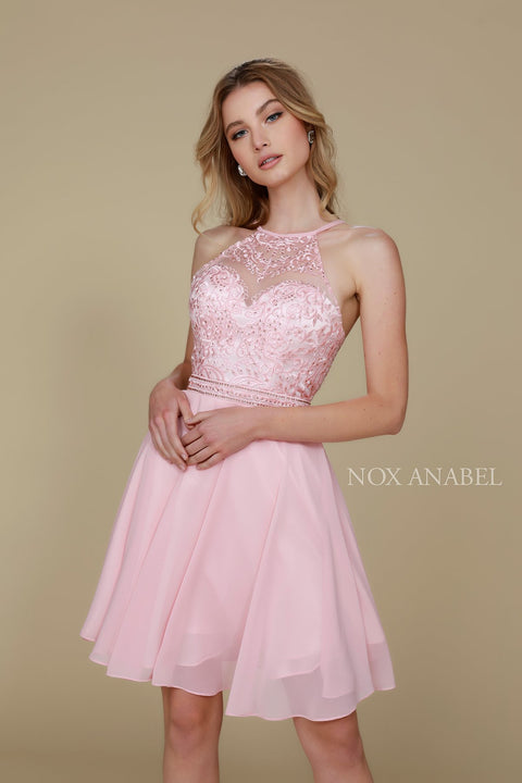 Embellished Illusion Halter Chiffon A-Line Home Coming Dress Y629 by Nox Anabel