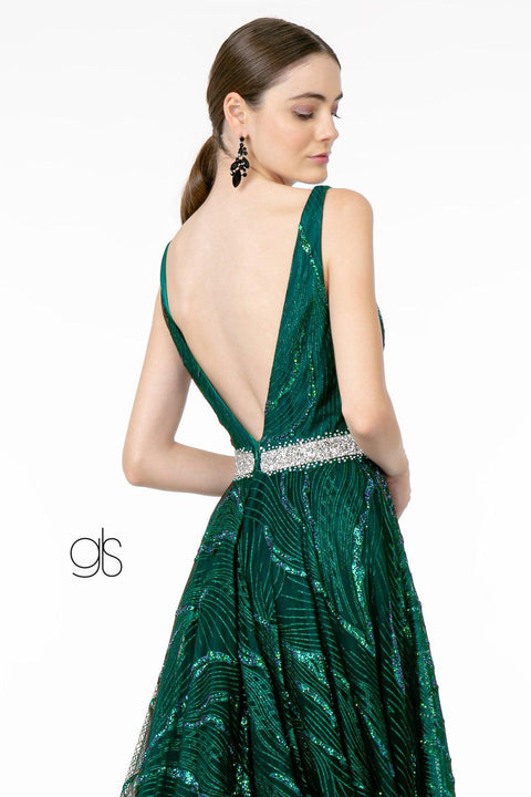 Elizabeth K GL2928: A-Line Glitter Gown with Beaded Waistband