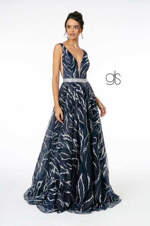Elizabeth K GL2928: A-Line Glitter Gown with Beaded Waistband