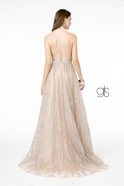 Elizabeth K GL2915: A-Line Glitter Gown with Deep V-Neckline