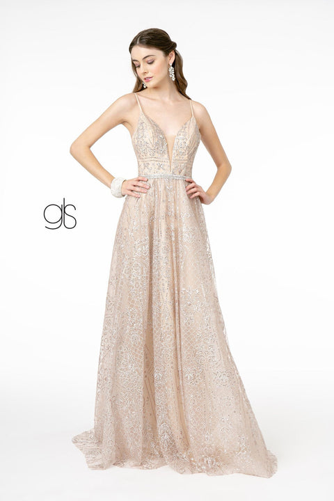Elizabeth K GL2915: A-Line Glitter Gown with Deep V-Neckline
