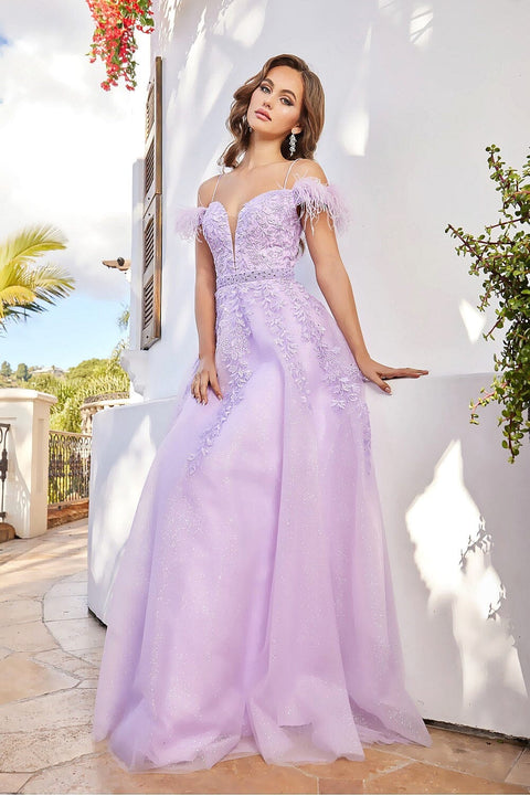 Adora 3143: Feathered Gown with Applique Detailing and Cold Shoulder Design