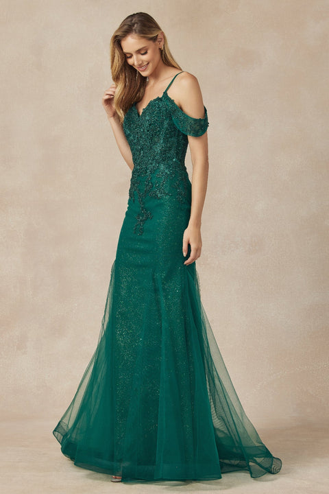 Juliet 281: Mermaid Gown with Applique Detailing and Cold Shoulder Design