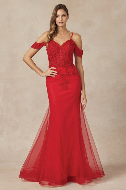 Juliet 281: Mermaid Gown with Applique Detailing and Cold Shoulder Design