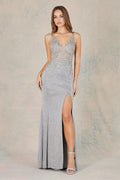 Adora 3055: Fitted Metallic Glitter Gown with Applique Detailing and Slit