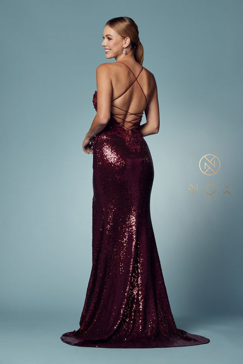 Fitted Sequin Gown with Appliques by Nox Anabel R429