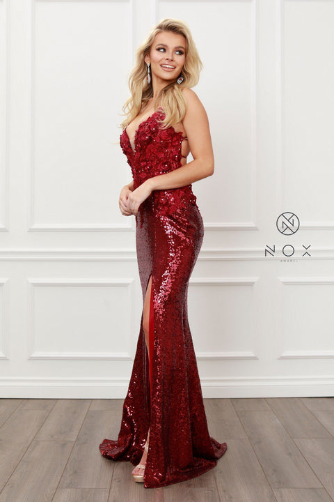 Fitted Sequin Gown with Appliques by Nox Anabel R429