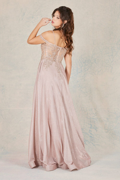Adora 3097: A-line Gown with Applique Detailing, Glitter Accents, and Cold Shoulder Design