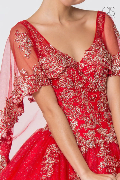 Applique Glitter V-Neck Ball Gown with Cape by Elizabeth K GL2800
