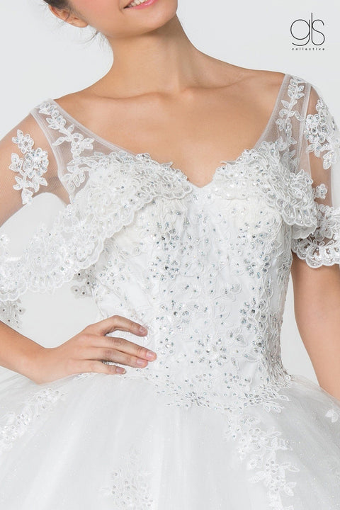 Applique Glitter V-Neck Ball Gown with Cape by Elizabeth K GL2800