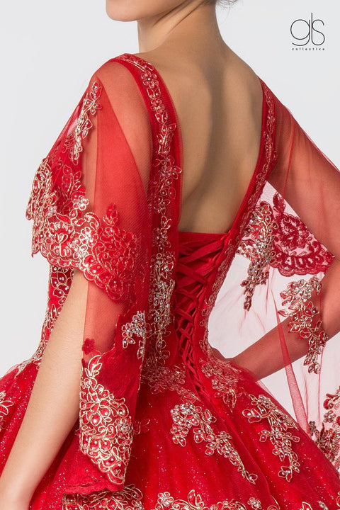 Applique Glitter V-Neck Ball Gown with Cape by Elizabeth K GL2800