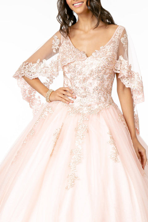 Applique Glitter V-Neck Ball Gown with Cape by Elizabeth K GL2800