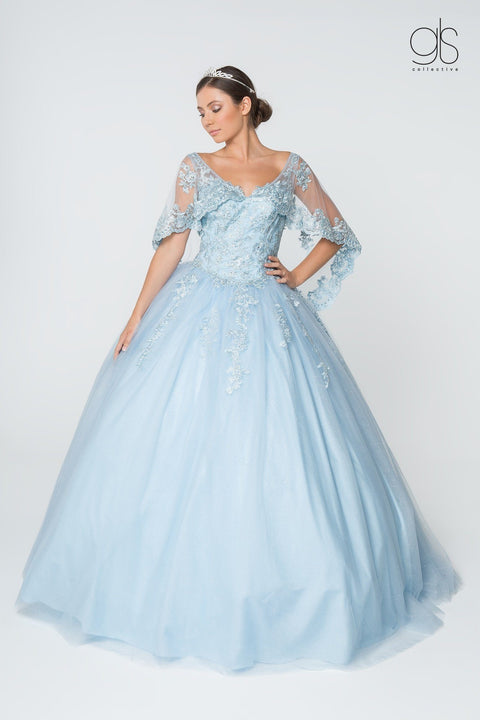Applique Glitter V-Neck Ball Gown with Cape by Elizabeth K GL2800