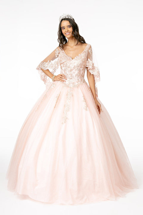 Applique Glitter V-Neck Ball Gown with Cape by Elizabeth K GL2800