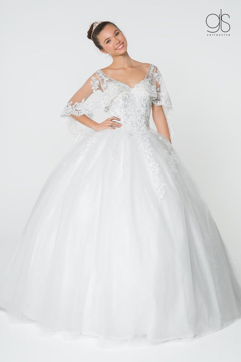 Applique Glitter V-Neck Ball Gown with Cape by Elizabeth K GL2800