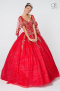 Applique Glitter V-Neck Ball Gown with Cape by Elizabeth K GL2800
