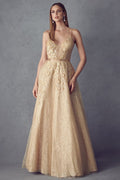 Juliet 228's Glitter Long A-line Dress with Appliqué