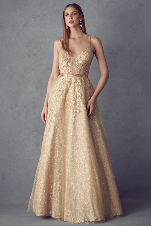 Juliet 228's Glitter Long A-line Dress with Appliqué