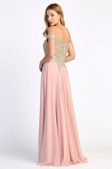 Adora 3040's Off-Shoulder Slit Dress with Appliqué