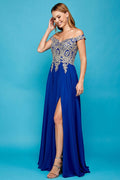 Adora 3040's Off-Shoulder Slit Dress with Appliqué