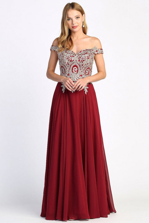 Adora 3040's Off-Shoulder Slit Dress with Appliqué