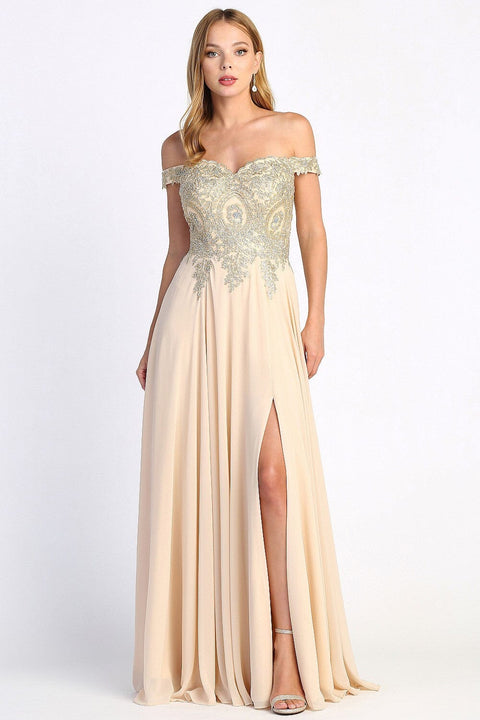 Adora 3040's Off-Shoulder Slit Dress with Appliqué