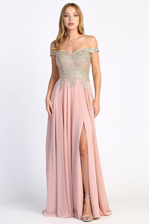 Adora 3040's Off-Shoulder Slit Dress with Appliqué