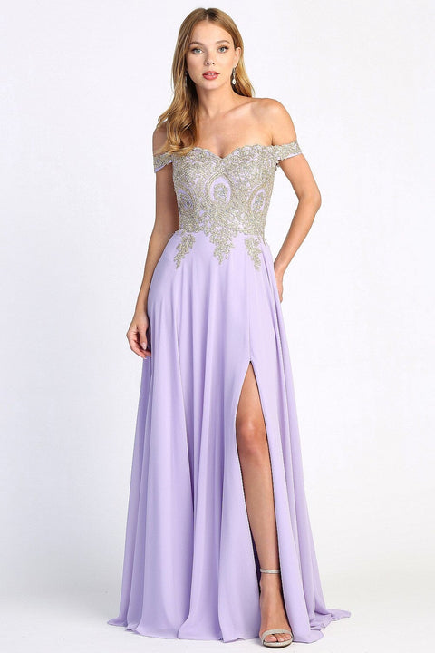 Adora 3040's Off-Shoulder Slit Dress with Appliqué