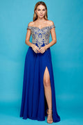 Adora 3040's Off-Shoulder Slit Dress with Appliqué