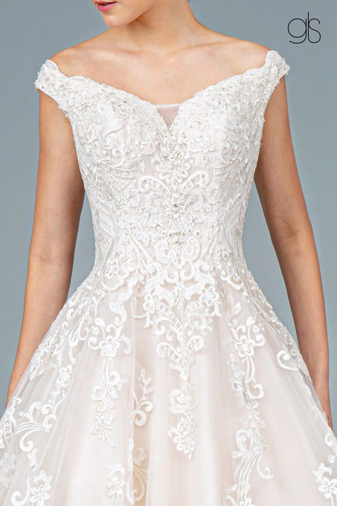 Elizabeth K GL1800's Off-Shoulder Wedding Dress with Appliqué – alternate view 3