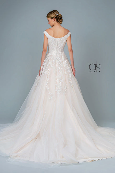 Elizabeth K GL1800's Off-Shoulder Wedding Dress with Appliqué – alternate view 2