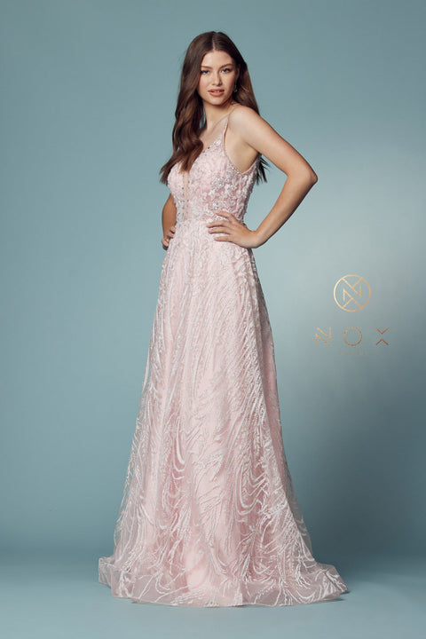 Long Sleeveless A-line Dress with Appliques by Nox Anabel T1009
