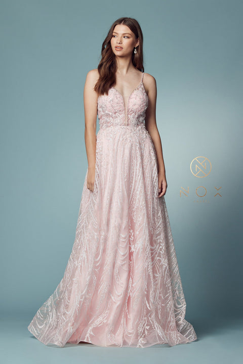 Long Sleeveless A-line Dress with Appliques by Nox Anabel T1009