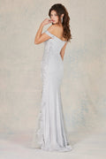 Adora 3118's Off-Shoulder Metallic Glitter Gown with Appliqué