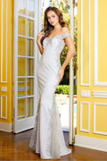 Adora 3118's Off-Shoulder Metallic Glitter Gown with Appliqué