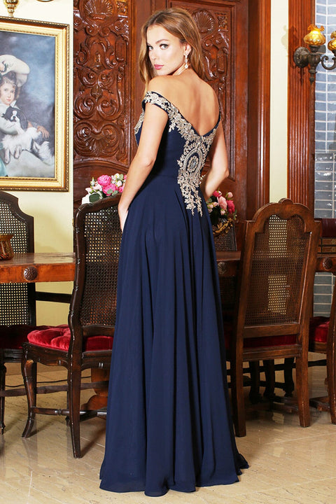 Adora 3072's Off-Shoulder A-line Gown with Appliqué and Slit
