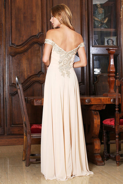 Adora 3072's Off-Shoulder A-line Gown with Appliqué and Slit