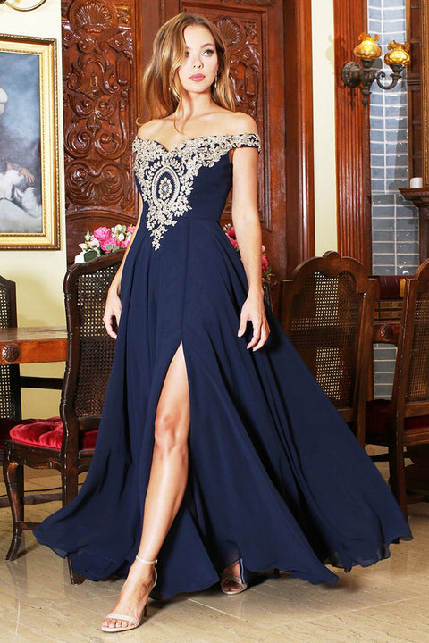Adora 3072's Off-Shoulder A-line Gown with Appliqué and Slit