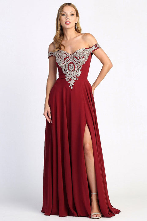 Adora 3072's Off-Shoulder A-line Gown with Appliqué and Slit