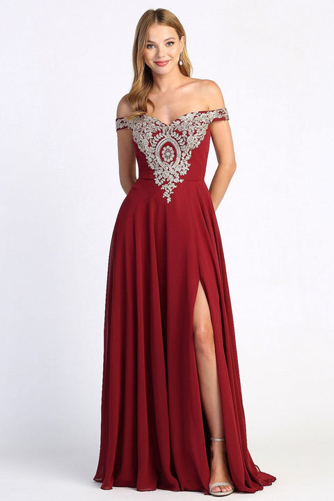 Adora 3072's Off-Shoulder A-line Gown with Appliqué and Slit