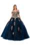 Coya L2779C's Glittering Off-Shoulder Ball Gown with Applique Embellishments