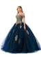 Coya L2779C's Glittering Off-Shoulder Ball Gown with Applique Embellishments