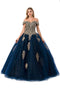 Coya L2779C's Glittering Off-Shoulder Ball Gown with Applique Embellishments