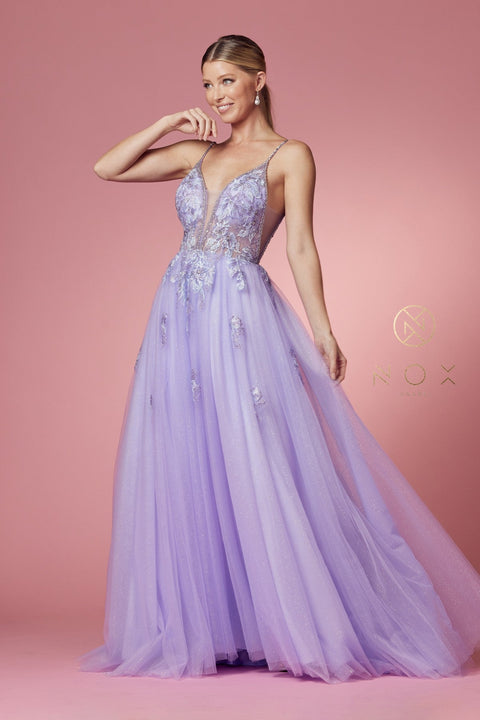 Sheer Sleeveless Gown with Appliques by Nox Anabel T1012