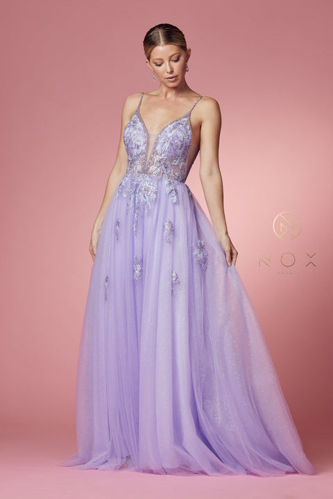 Sheer Sleeveless Gown with Appliques by Nox Anabel T1012