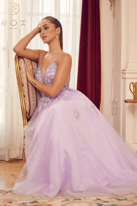 Sheer Sleeveless Gown with Appliques by Nox Anabel T1012