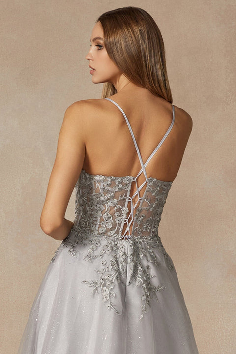 Juliet 295's Sleeveless Corset Gown with Appliqué