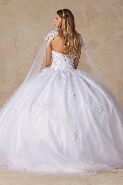 Strapless Applique Cape Ball Gown by Juliet 1440
