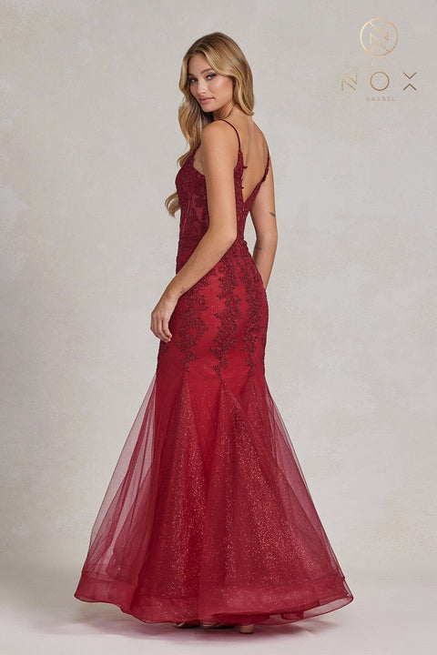 Nox Anabel P1170's Mermaid Gown with Applique and V-Neckline