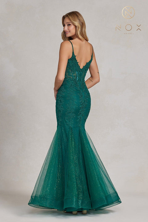 Nox Anabel P1170's Mermaid Gown with Applique and V-Neckline